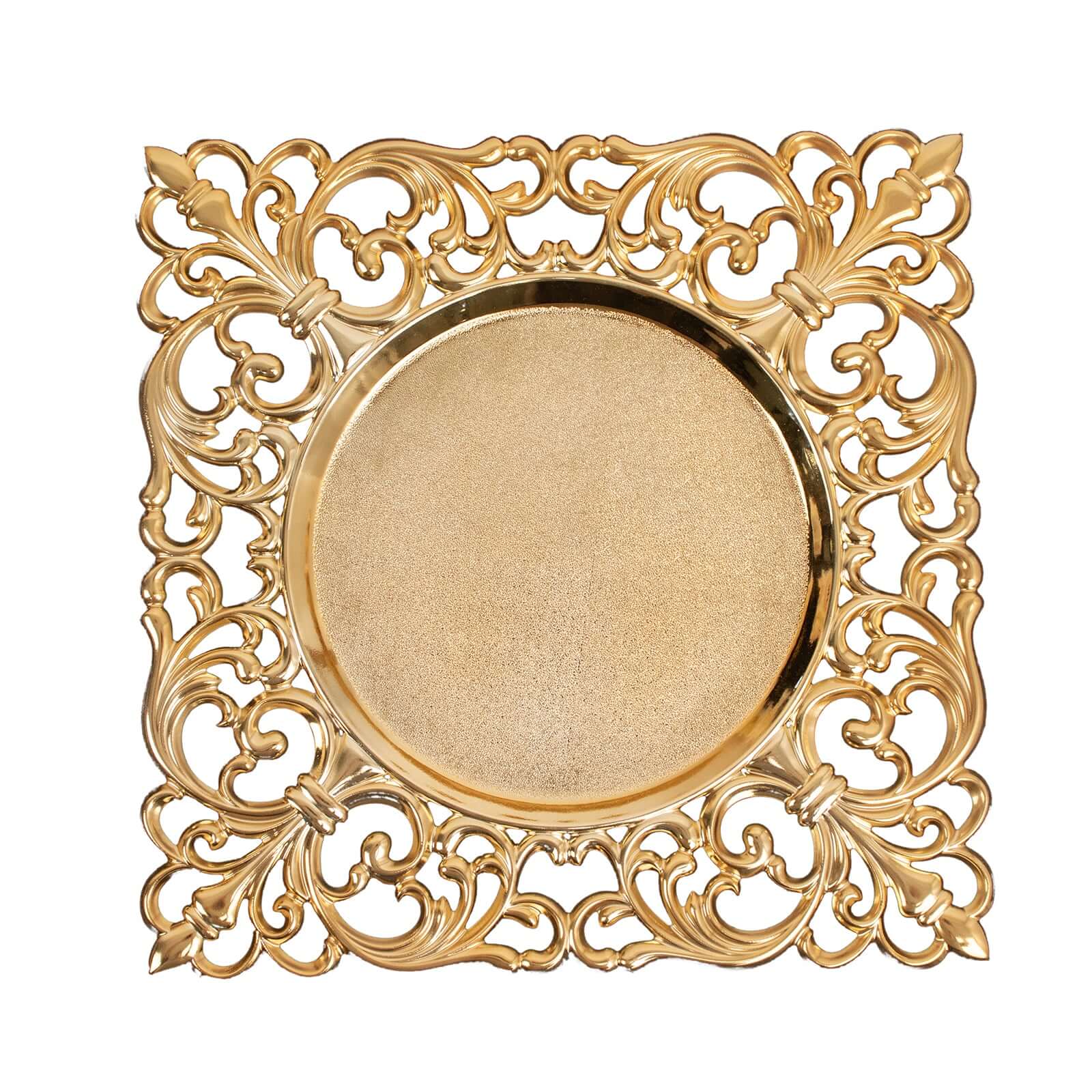 6-Pack Acrylic Charger Plates 12" Square Gold with Hollow Lace Border - Event Tabletop Decorative Charger Tableware