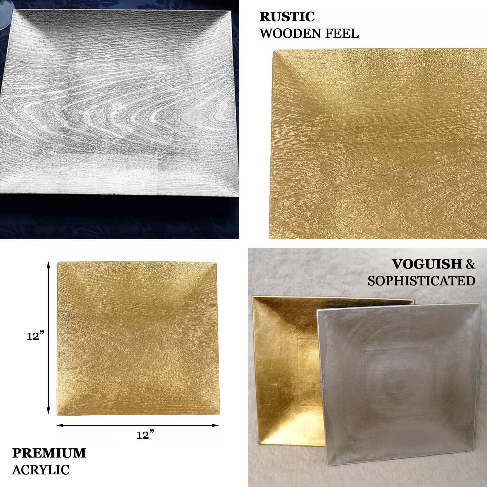 6-Pack Acrylic Charger Plates 12" Square Gold with Embossed Wood Grain - Boho Chic Dinner Party Decor Charger Tableware
